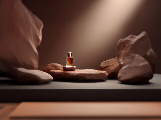 Fototapete - A glass bottle of perfume sits atop a rock formation, illuminated by a spotlight.