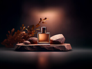 Poster - A glass bottle of amber-colored perfume sits on a rock formation, illuminated by a warm light.
