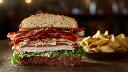 Delicious turkey and bacon club sandwich with chips on wooden table