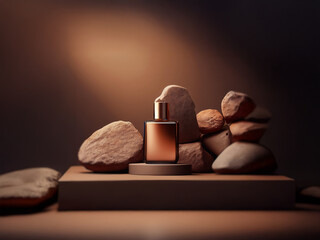 Poster - A single bottle of perfume sits on a pedestal surrounded by rocks against a muted brown background.