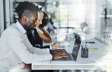 Aufkleber - Businessman, planning and typing in office with laptop, meeting summary or investment research for growth. Accountant, computer or profile in company boardroom for workshop, agenda or update schedule