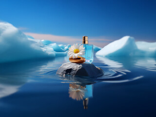 Poster - A blue perfume bottle and a single white flower rest on a small rock surrounded by blue water and melting icebergs.