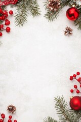 Wall Mural - Festive Christmas fir branches with red baubles on white background.