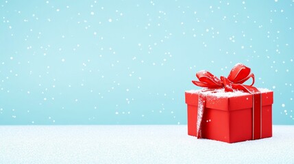 Wall Mural - Red gift box with red bow on blue background, perfect for holidays
