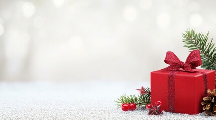 christmas gift box, red bow, pine branch on snow, festive scene