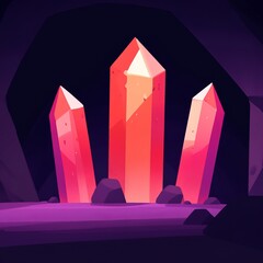 Three glowing red crystals in a dark cave.