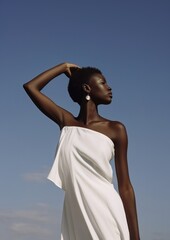 Wall Mural - A black teenage woman wearing minimal white dress fashion adult sky.