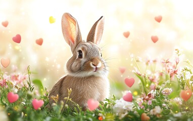 Cute bunny with a joyful expression sitting in lush grass