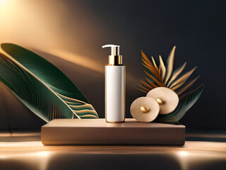 Poster - A white bottle with a gold pump sits on a wooden platform, surrounded by tropical leaves and a golden circle.  A warm light shines from the left.