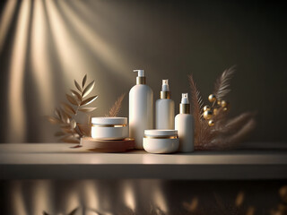 Poster - A minimalist composition of white cosmetic bottles and jars on a wooden platform with gold accents and dried foliage.