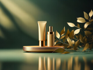 Poster - A golden cosmetic tube and spray bottle are arranged on a circular platform, with golden leaves in the background.
