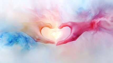 Wall Mural - Two hands forming heart shape with glowing center, surrounded by soft pastel colors