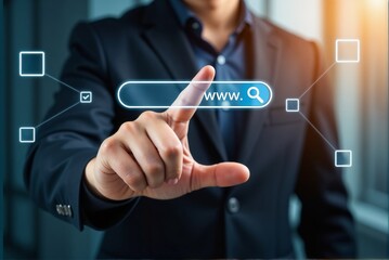 Poster - A man in a suit is pressing a button on a touchscreen display