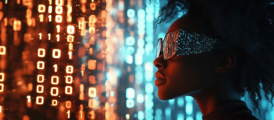 Poster - Digital woman with binary code background, futuristic glasses, glowing data