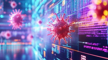 A vivid digital representation of a virus amid flowing data, illustrating the intersection of technology and health in a colorful visual format.