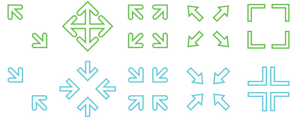 Wall Mural - outline collection of green full screen and blue exit full screen icons. arrow mark icons. vector il