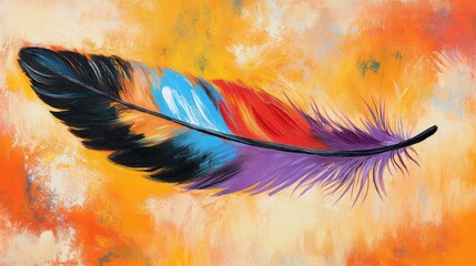 Sticker - Pastel painted feather art in vibrant orange, red, blue, purple, and black colors creates an eye-catching display. The feather art highlights a blend of pastel hues with ample copy space.