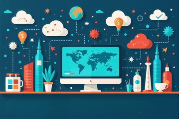 Poster - A computer with a world map on the screen is on a shelf