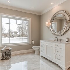 Wall Mural - Bright and Spacious Bathroom with White Vanity and Large Window View of Snow Covered Trees