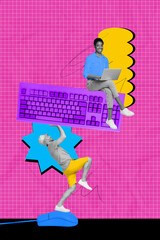 Poster - Vertical poster collage young woman man employees coworkers keyboard pc equipment internet online remote drawing background