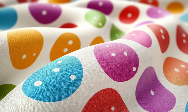 3D polka dot fabric pattern with large, playful dots in various colors on a white background, cheerful and fun