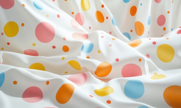 3D polka dot fabric pattern with large, playful dots in various colors on a white background, cheerful and fun