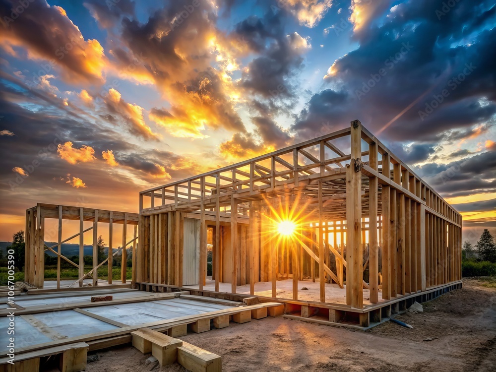 Modern Wood Framing at Construction Site Under Dramatic Clouds and ...