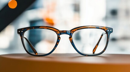 Stylish Blue Tortoise Eyeglasses Isolated on Brown Surface, Eyewear Fashion, Vision Care Concept