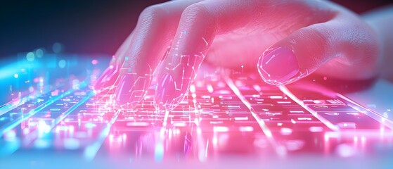 Poster - A pink and blue keyboard with a hand typing on it