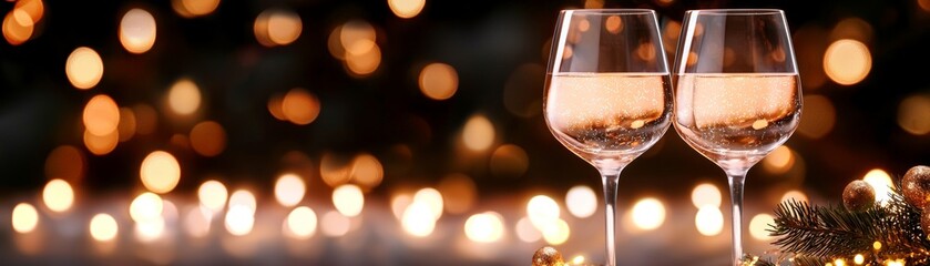 Two elegant glasses of wine sparkle amidst warm, festive lights, creating a cozy and celebratory atmosphere.