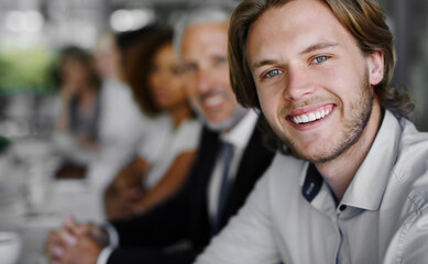 Aufkleber - Workshop, meeting and portrait with business man in office for growth, development and strategy. Insight solution, corporate organization and idea with person in boardroom for project management