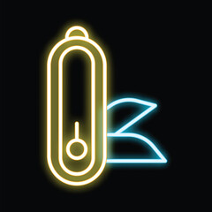 Poster - Yellow and blue glowing neon multitool pocket knife icon isolated on black background