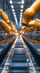 Poster - industrial robots working on an assembly line in a high-tech manufacturing facility at night