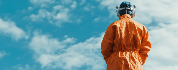 A person in an orange suit and helmet stands against a bright blue sky with clouds, suggesting themes of exploration or adventure.