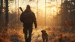 © fotofabrika - A hunter walks in a golden forest at sunset with his loyal dog on a crisp autumn evening in the wilderness
