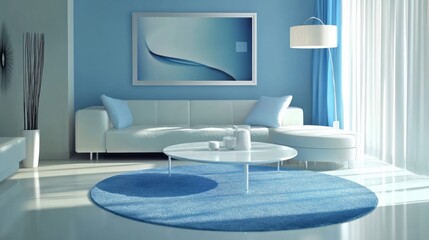 Modern living room with white sofa, blue rug, and a white coffee table