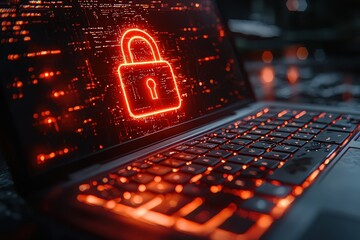 Poster - Close-up of a glowing red padlock icon on a laptop screen, conveying a web security and data protection concept against a dark background