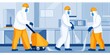 © PTC_KICKCAT - Workers in protective gear clean a kitchen environment using specialized equipment, emphasizing hygiene and safety in food preparation.