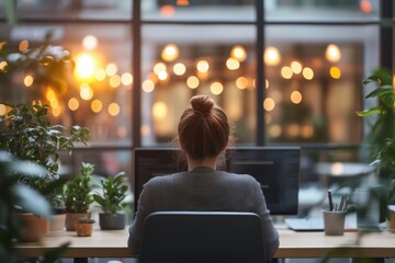 Poster - Woman working at desk with plants and warm bokeh lights in background