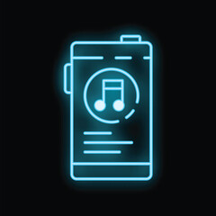 Poster - Blue neon icon of a smartphone showing music player interface on its screen, isolated on black background