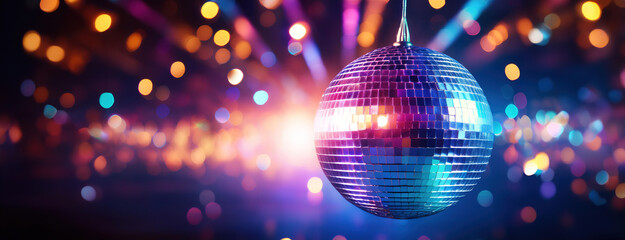 Wall Mural - Close-up of a disco ball sparkling under multicolored lights in a lively nightclub setting, creating a vibrant party atmosphere.New Year's Eve.