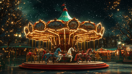 A carousel with colorful horses, decorated with twinkling lights, in an amusement park. A magical wonderland.