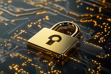 Poster - Golden padlock on circuit board background, symbolizing security and technology
