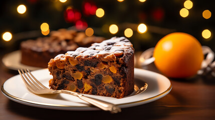 Wall Mural - Rich Christmas fruit cake slice with orange and decorations