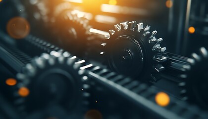 Aufkleber - A close-up of intricate gears in motion, highlighted by warm lighting, showcasing mechanical efficiency and industrial design.