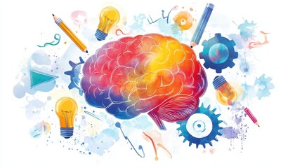 Poster - Vibrant Watercolor Brain Illustration with Creative Elements