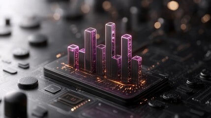 Fototapete - Neon cityscape on a computer processor, fusion of futuristic technology and urban life in digital world