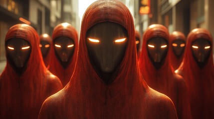 Wall Mural - A group of people wearing red robes with glowing eyes