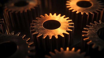 Leinwandbilder - Close-up view of interlocking gears, showcasing intricate details and warm lighting, emphasizing mechanical design and functionality.