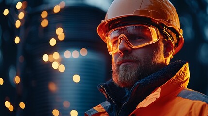 A focused construction worker in safety gear against a background of warm bokeh lights, symbolizing industry and safety.